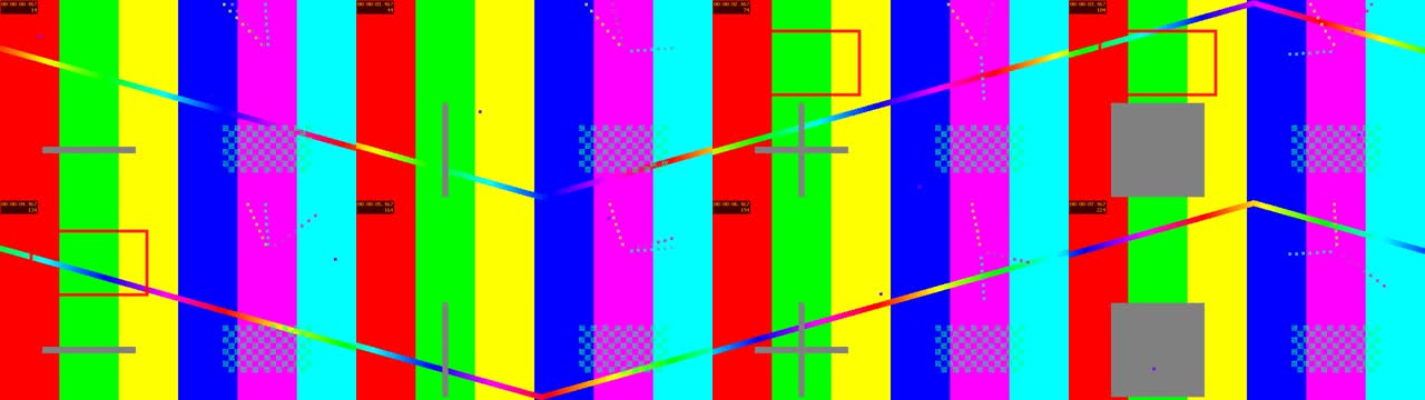 FFmpeg 实际生成的八格测试画面，红色矩形仅在中间的启用时间窗口出现